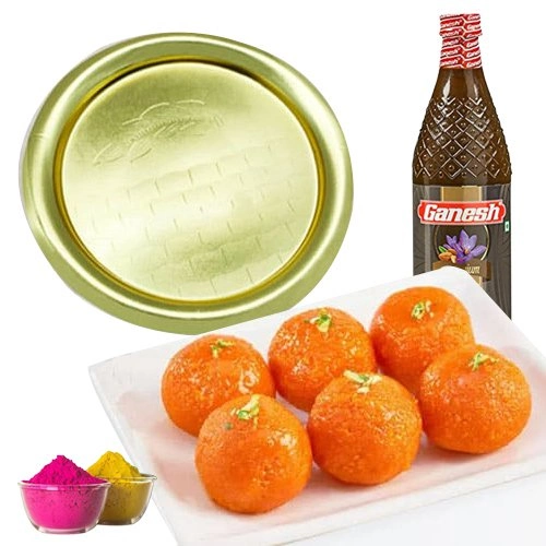 Refreshing Thandai with Golden Plated Thali n Haldirams Ghee Laddu for Holi