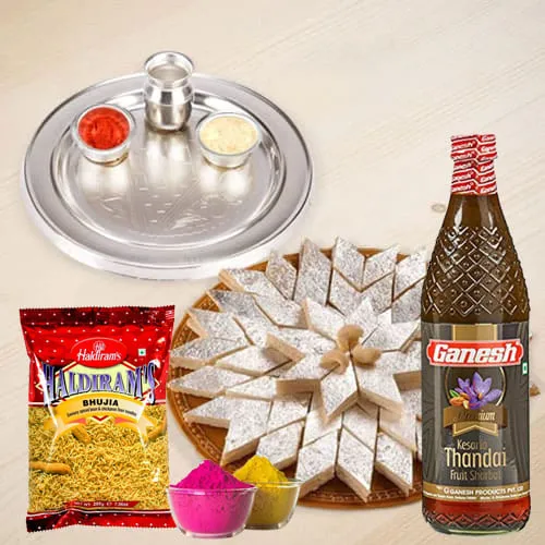 Remarkable Silver Plated Thali with Holi Gift Assortments