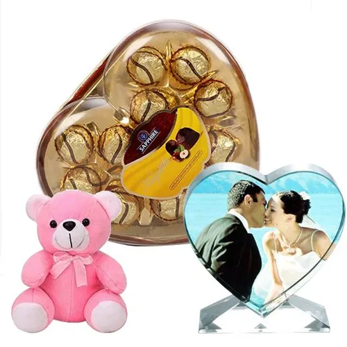 Amazing Personalized Heart Crystal with Sapphire Chocolate N Cute Teddy
