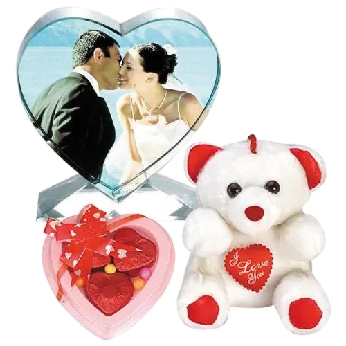 Exciting Personalized Heart Crystal with Heart Chocolates n Cute Teddy