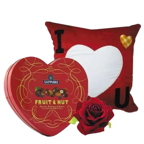 Beautiful Personalized ILU Heart Cushion with Sapphire Heart Chocolate Box n Velvet Rose
