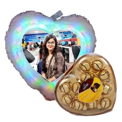 Adorable Personalized LED Heart Fur Cushion with Sapphire Chocolates