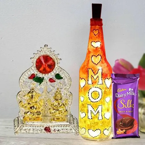 Handcrafted Bottle Lamp with Ganesh Laxmi Mandap n Cadbury Dairy Milk Silk Fruit n Nut for Mom