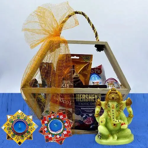 Diwali Hamper of Chocolates with Glowing Ganesha N Dot Mandala Diya