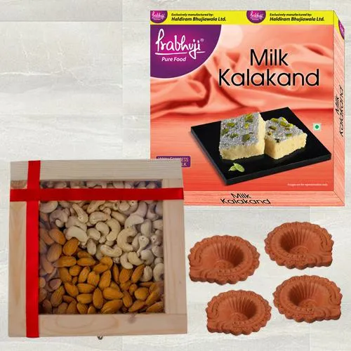 Zesty Haldiram Mithai n Dry Fruits Combo, Terracotta Diya