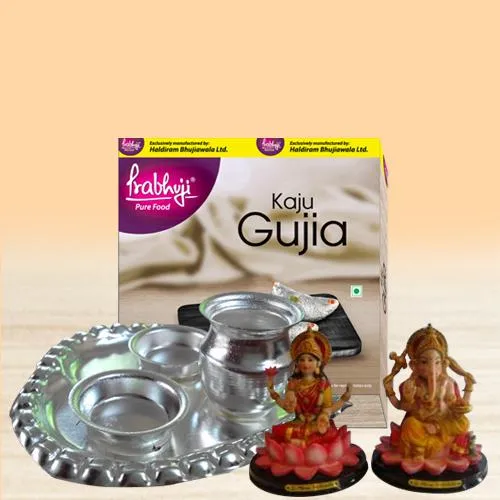 Elegant Silver plated Pooja Thali with Haldiram Kaju Gujia