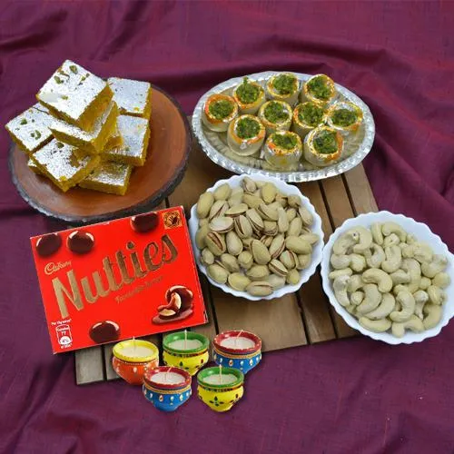 Blissful Sweets n Dry Fruits Combo with Nutties n Wax Diya