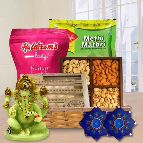 Delicious Haldiram Sweets n Snacks, Dry Fruits, Ganesh Idol, Dot Mandala Art Diya Set for Diwali Gift