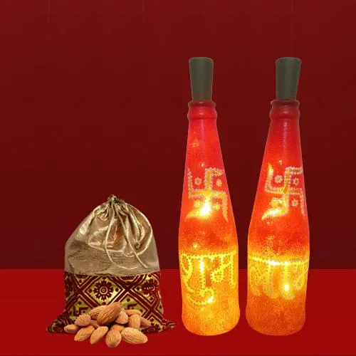 Joyful Diwali Gift of Subh Labh LED Bottle Lamp with Almonds Potli