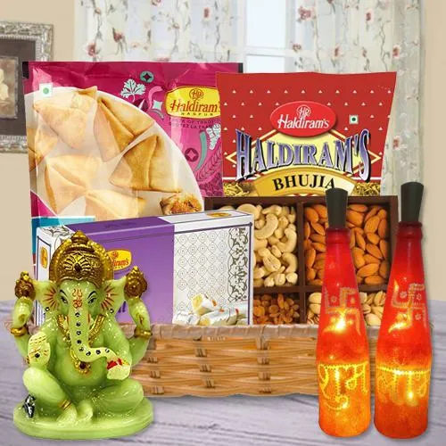 Decorative LED Lighting Subh Labh Bottle Lamp Set with Haldiram Sweets n Snacks, Glowing Ganesh Idol