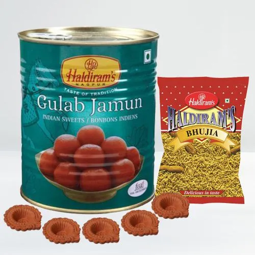 Delicious Haldiram Sweets n Snacks Combo with Diya for Diwali