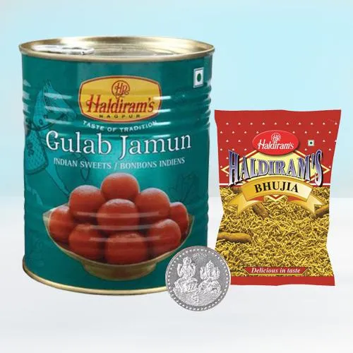 Yummy Haldiram Sweets n Snacks Combo with Ganesh Laxmi Coin