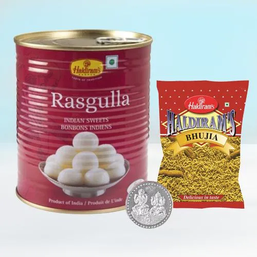 Yummy Haldiram Bhujiya n Rasogula with Ganesh Laxmi Coin