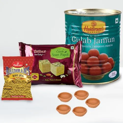 Zesty Haldiram Assorted Sweets n Snacks Combo with Mud Diya