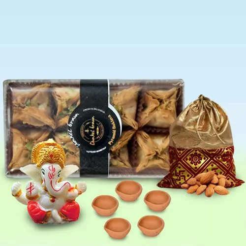 Joyful Diwali Gift of Pyramid Baklawa with Almond Potli, Ganesha Idol