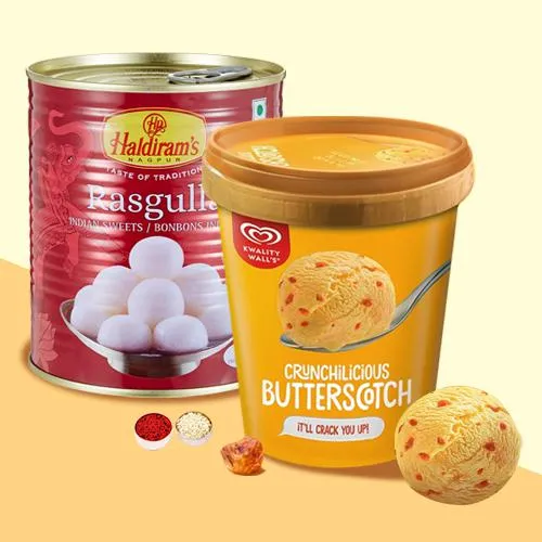 Yummy Haldiram Rasgulla with Kwality Walls Butterscotch Ice Cream