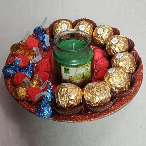 Beautiful Gift Plate of Chocolates, Scented Candle n Decorative Flowers