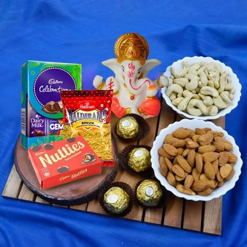 Angelic Gift of Marble Ganesha with Dry Fruits, Chocolates n Snacks