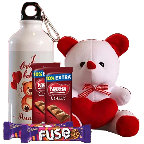 Pristine Gift of Personalized Bottle, Adorable Teddy N Cadbury Chocolate