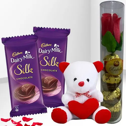 Colorful Teddy with Cadbury n Rudolfo Chocolates with Rose for Valentine
