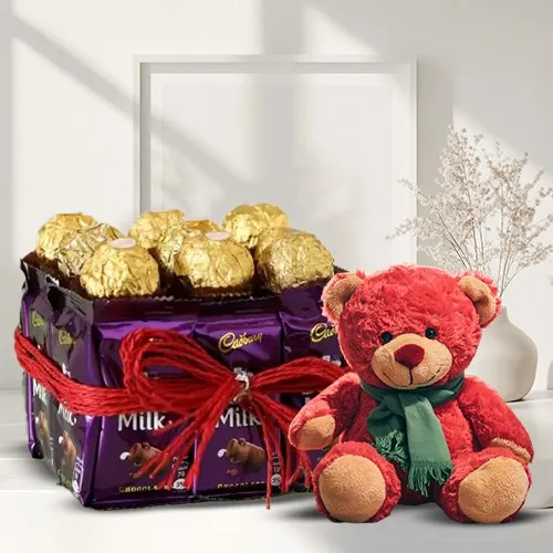 Alluring Ferrero Rocher  N  Dairy Milk Vase with Teddy	