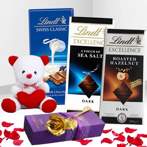 Lovely Gift of Colorful Teddy, Golden Rose with Lindt Chocolates