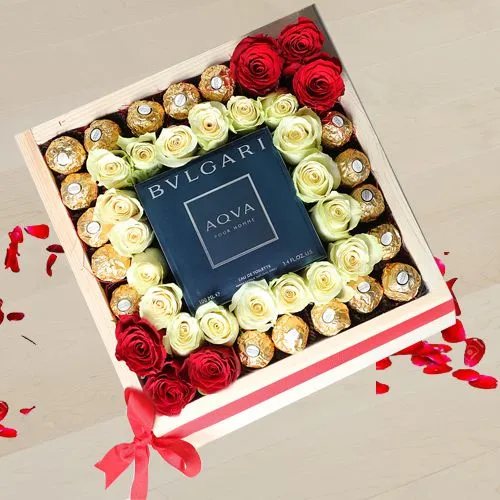 Showy Valentine Gift Tray of Ferrero Rocher Chocolates, Art Roses n BVLGARI Perfume