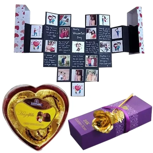 Impressive Personalized Maze Card with PopOut Heart n Sapphire Chocolates Box with Golden Rose Combo
