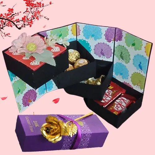 Superb 4 Layer Stepper Box of Chocolates with a Golden Rose