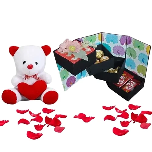 Ravishing Gift of 4 Layer Handmade Stepper Box of Assorted Chocolates  N  Heart Teddy	