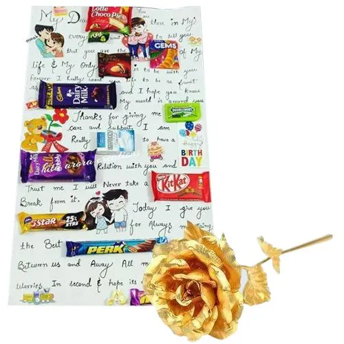 Brilliant Combo of Mixed Chocolates with Chocolate Message Card with Golden Rose