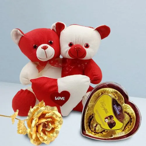Alluring Gift of Twin Combo Teddy with Sapphire Chocolates n Golden Rose