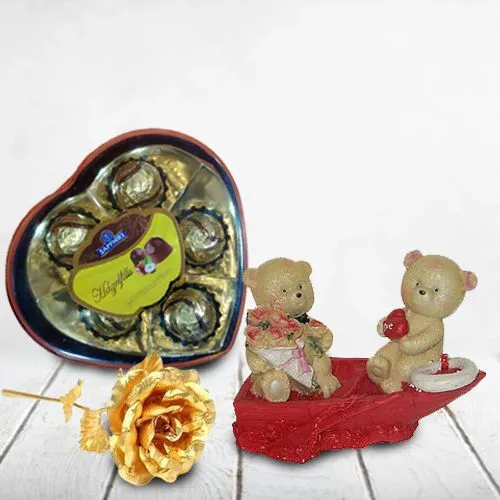 Elegant Loving Couple showpiece with Sapphire Heart Chocolate Box n Golden Rose