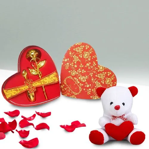 Elegant Heart Shape Box of Golden Rose and a Teddy with Heart