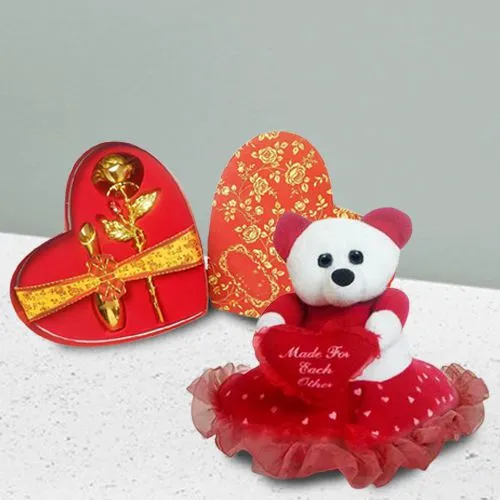 Glamorous Golden Rose Heart Box and a Teddy Standing on Heart