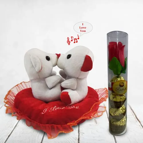 Gaudy Kissing n Singing Couple Teddy with Rudalfo Chocolates n Rose Box