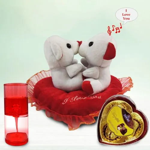 Charismatic Singing n Kissing Teddy with a Love Timer  N  Sapphire Chocolate Heart Box
