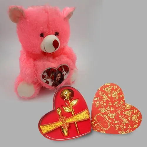 Delightful Personalized Photo Teddy with Golden Rose Heart Shape Box