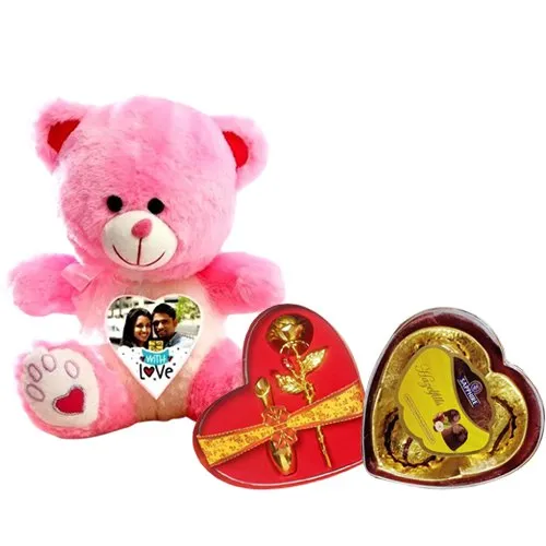 Eye-Catching Personalized Photo Teddy with Golden Rose Heart Shape Box  N  Sapphire Chocolates