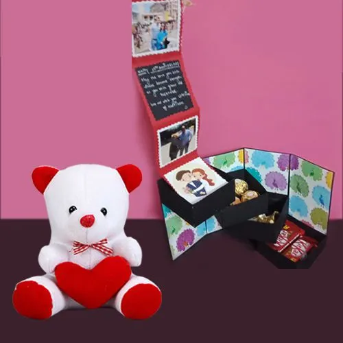 Elegant 4 Stepper Pull Out Box of Chocolates n Personalized Photos with a Small Teddy