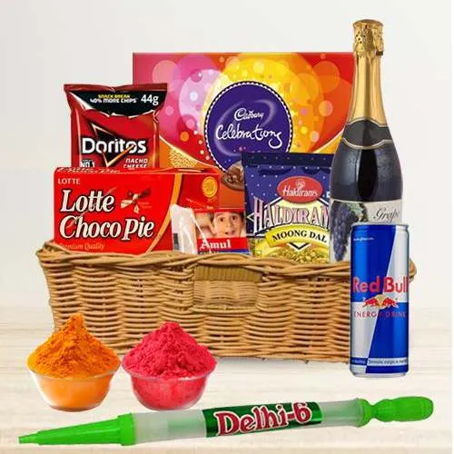 Delightful Gourmet Extravaganza Basket with Pitchkari n Gulal for Holi