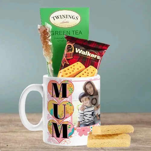 Fantastic Personalized Photo Coffee Mug with Twinings Green Tea  N  Walker Cookies