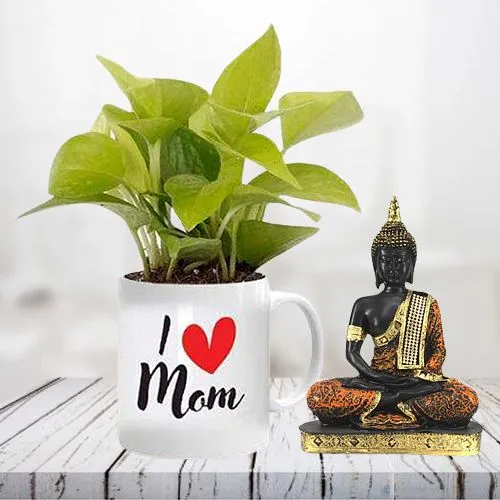 Impressive Money Plant in Personalized Mug with Gautam Buddha Idol