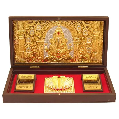 Amazing Gold Plated Ganesha Photo Frame with Charan Paduka