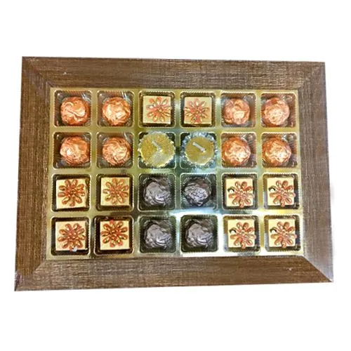 Handmade Chocolate and Golden Diya Duo in Wooden Tray