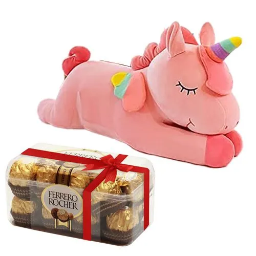 Alluring Gift of Unicorn Soft Toy N Ferrero Rocher