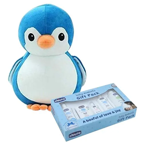 Cute Sitting Penguin Soft Toy with Chicco Baby Care Gift Set