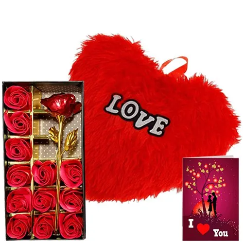 Gorgeous Artificial Flowers Box with Heart Shaped Cushion N Card Combo