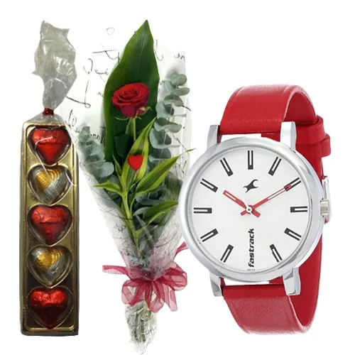 Classy Fastrack Ladies Watch with Rose Stick N Handmade Chocolate Combo