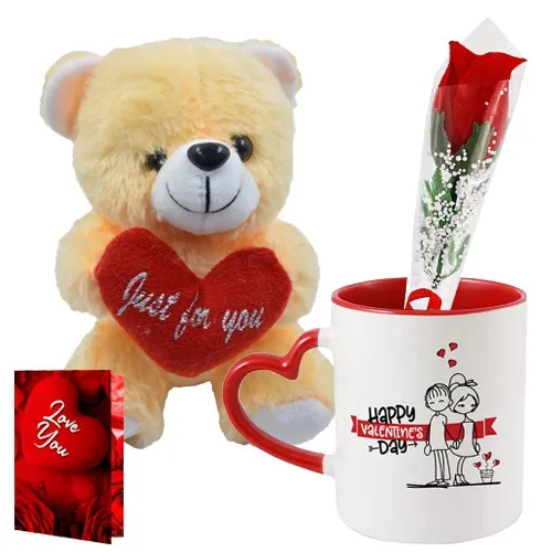 Cute Teddy with Rose Stick Coffee Mug N Love You Card Gift Combo